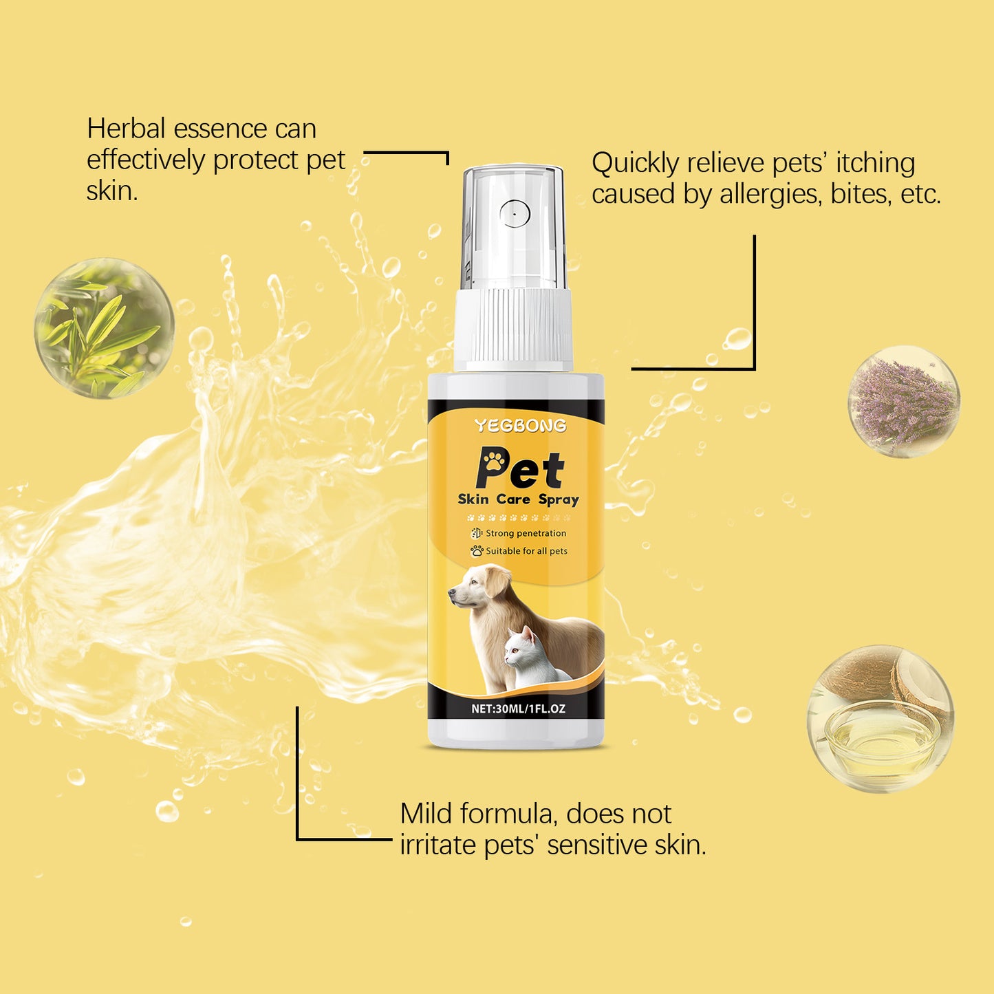 Gentle pet skin care spray for dogs and cats
