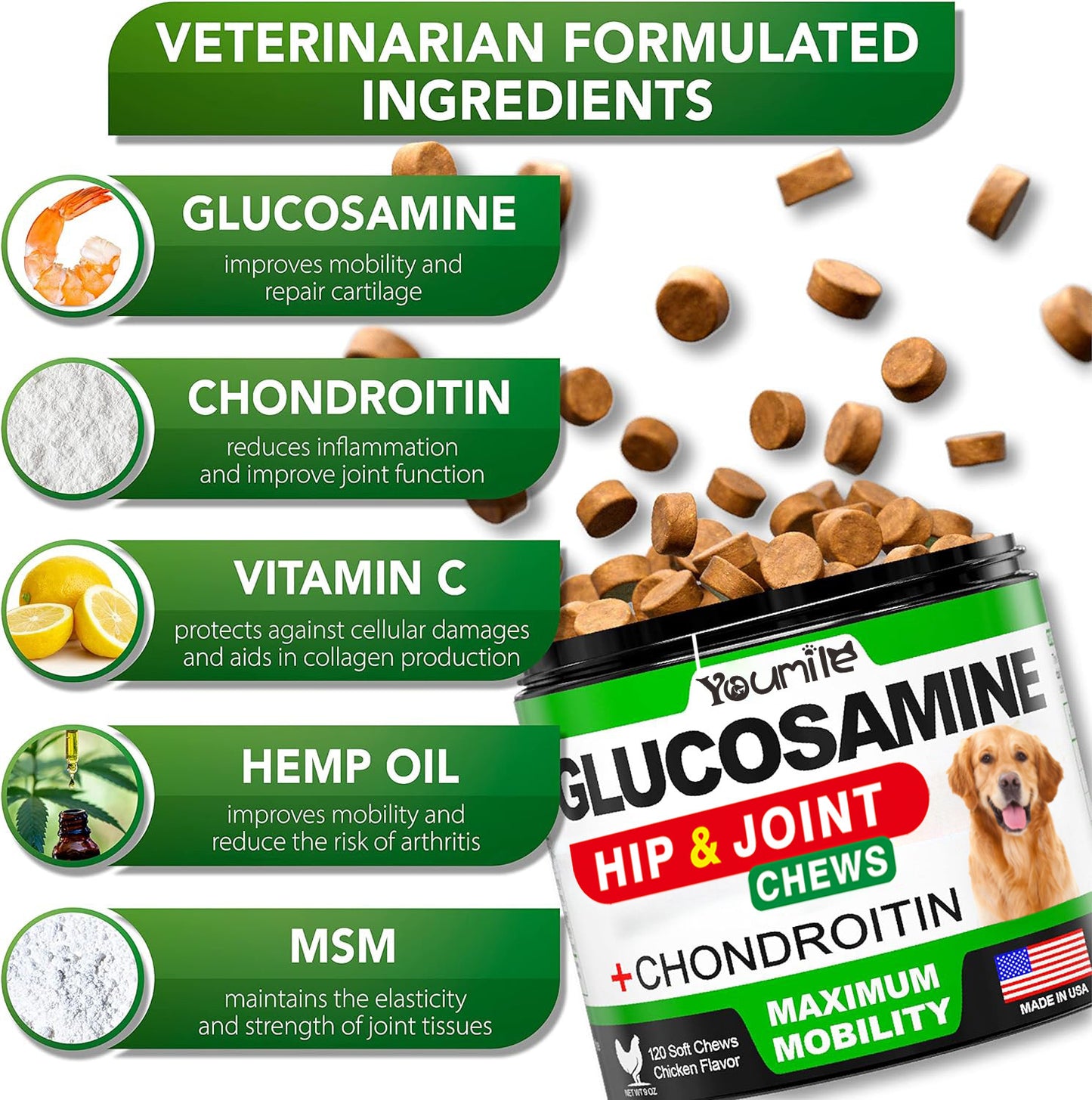 Yumite Glucosamine Hip & Joint Chews with ingredients listed on a white background