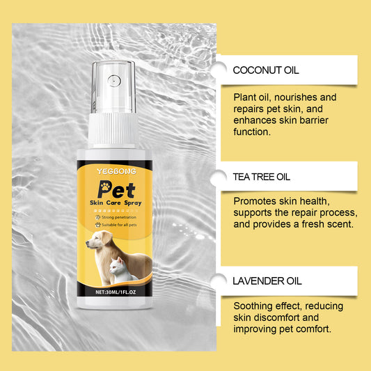 Pet skin care spray bottle with coconut, tea tree, and lavender oil benefits on a textured gray and yellow background.